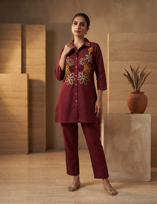 Cotton Co-ord Set - Maroon - House of Patakha