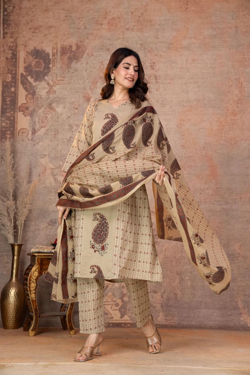 Cotton 3 Piece Suit Set - Cream Red - House of Patakha