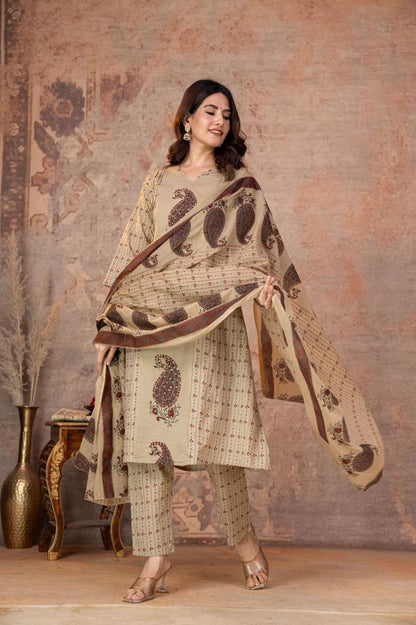 Cotton 3 Piece Suit Set - Cream Red - House of Patakha