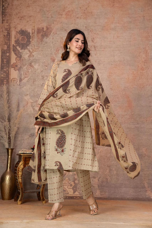 Cotton 3 Piece Suit Set - Cream Red - House of Patakha
