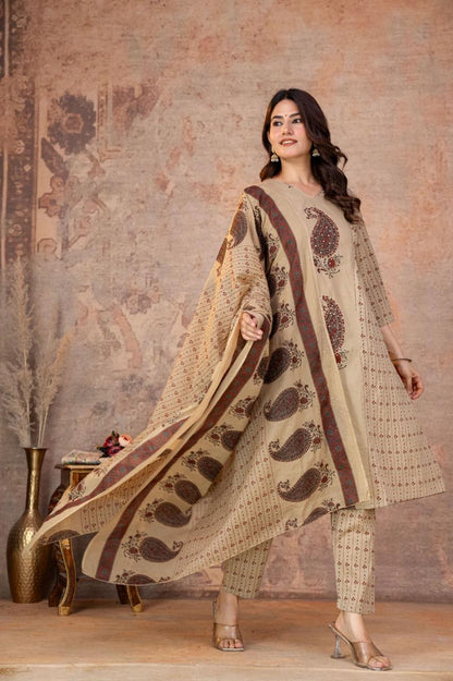 Cotton 3 Piece Suit Set - Cream Red - House of Patakha