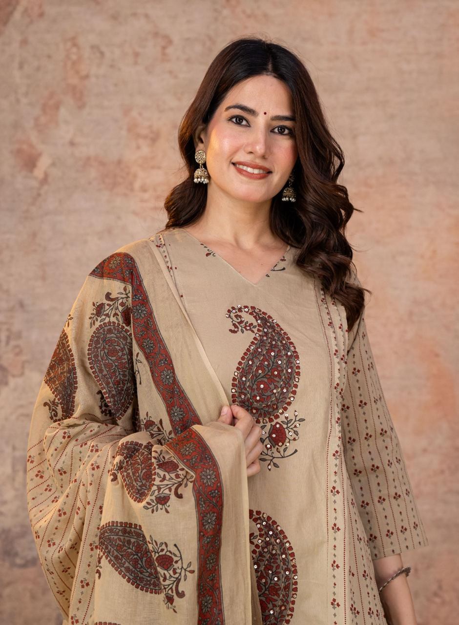 Cotton 3 Piece Suit Set - Cream Red - House of Patakha