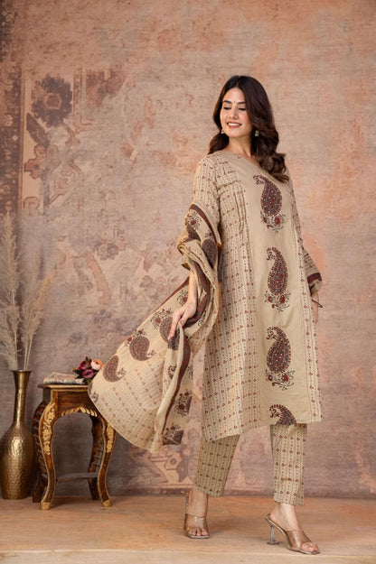 Cotton 3 Piece Suit Set - Cream Red - House of Patakha
