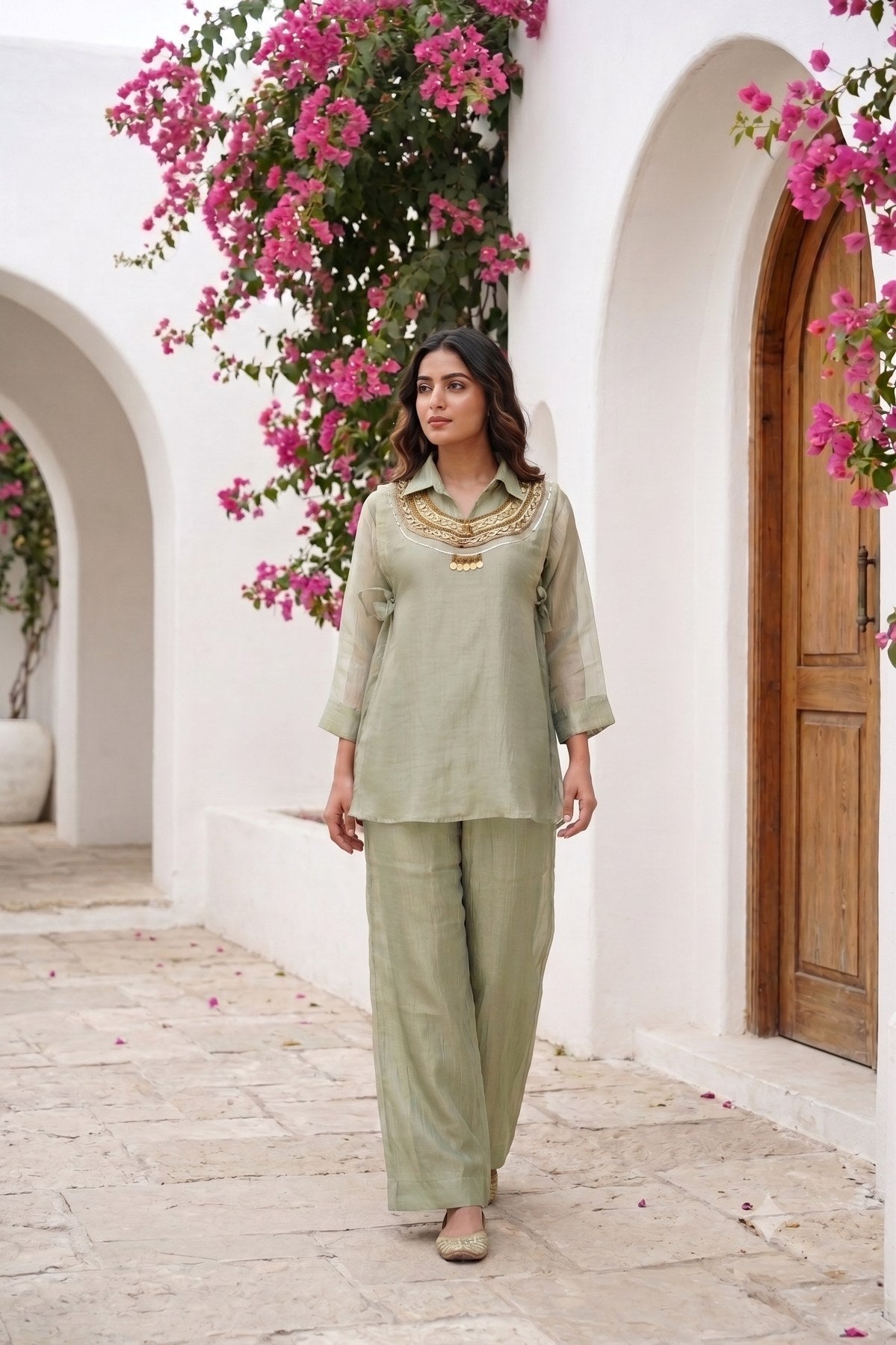 Crush Organza Co-ord Set - Green & Brown - House of Patakha