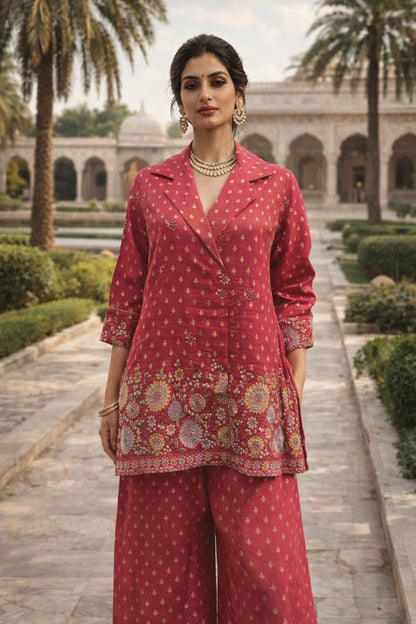 Embroidered Tissue Co-ord Set - Pink & Mustard - House of Patakha