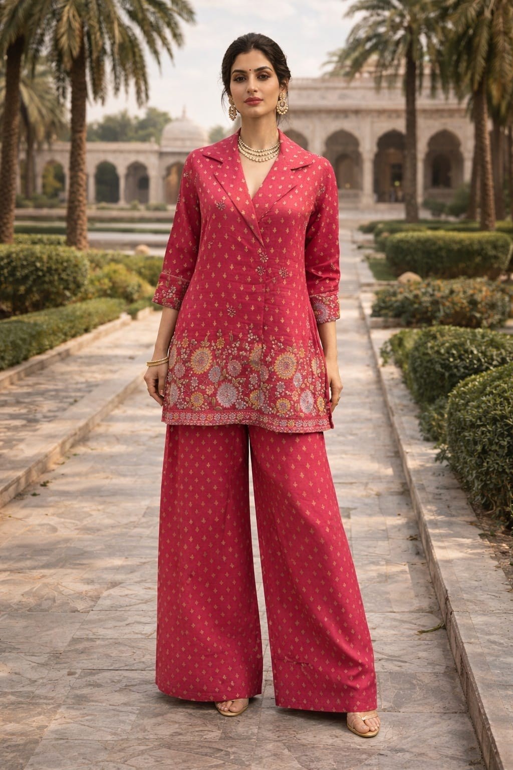 Embroidered Tissue Co-ord Set - Pink & Mustard - House of Patakha
