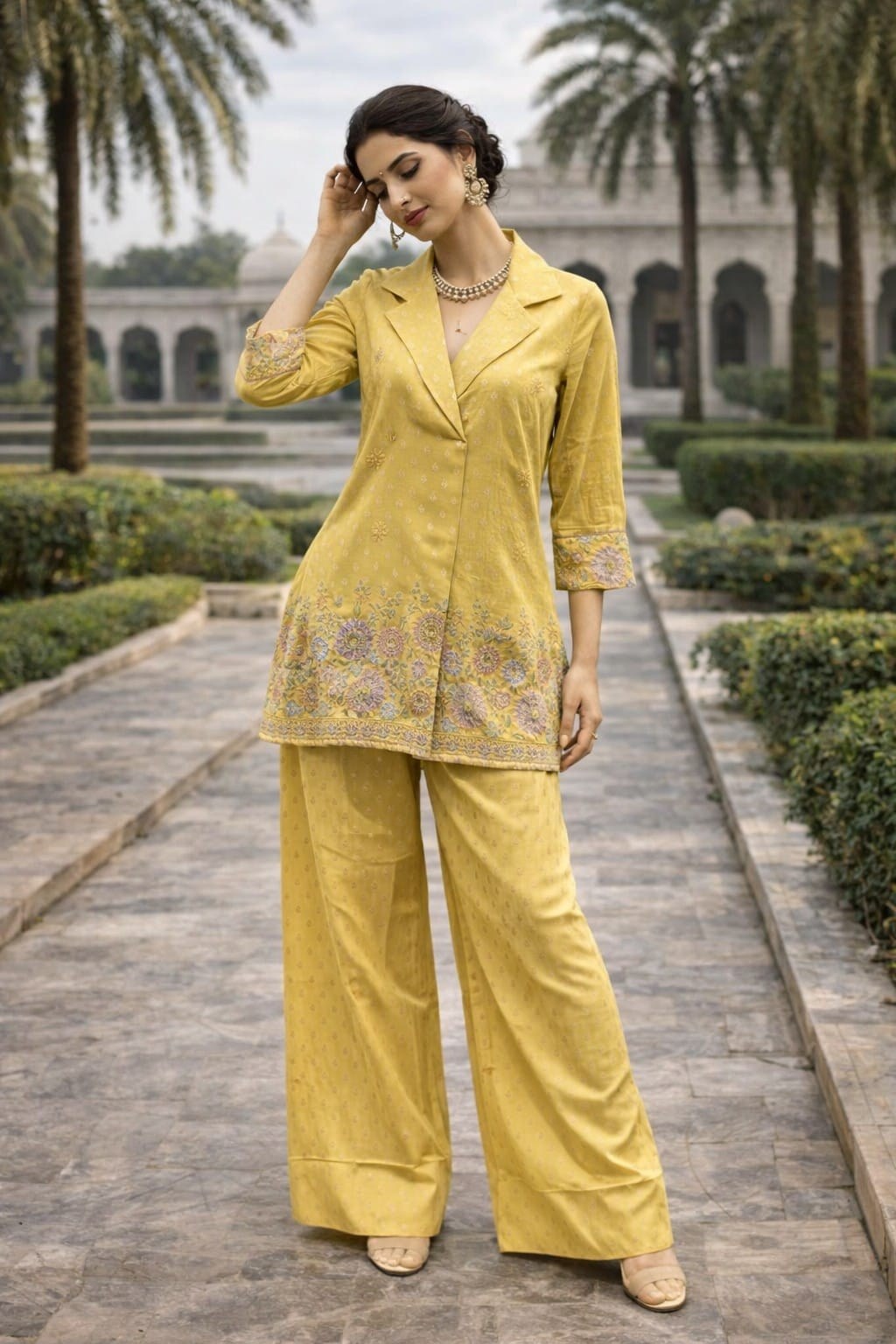 Embroidered Tissue Co-ord Set - Pink & Mustard - House of Patakha