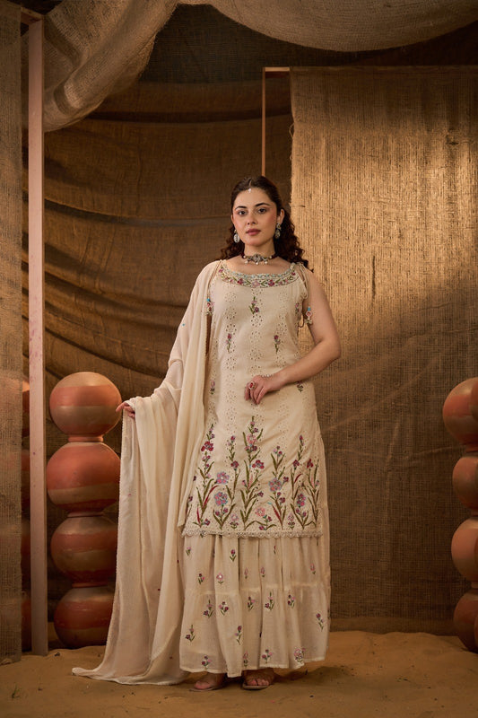 Floral Embroidered Sharara Suit Set - Cream Red - House of Patakha