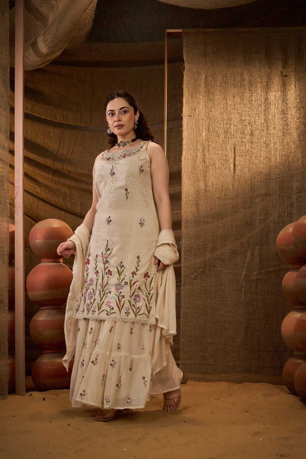 Floral Embroidered Sharara Suit Set - Cream Red - House of Patakha