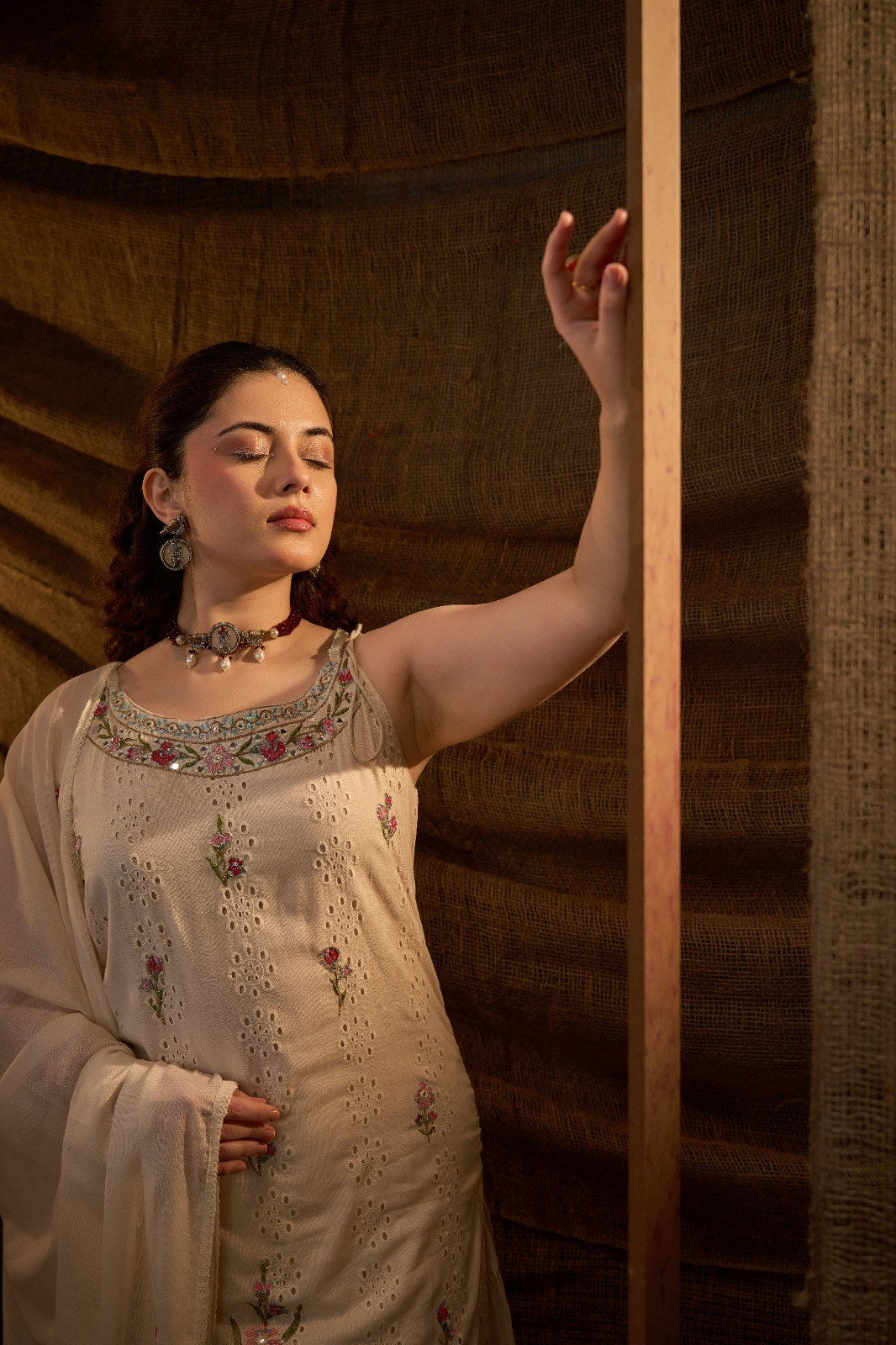 Floral Embroidered Sharara Suit Set - Cream Red - House of Patakha