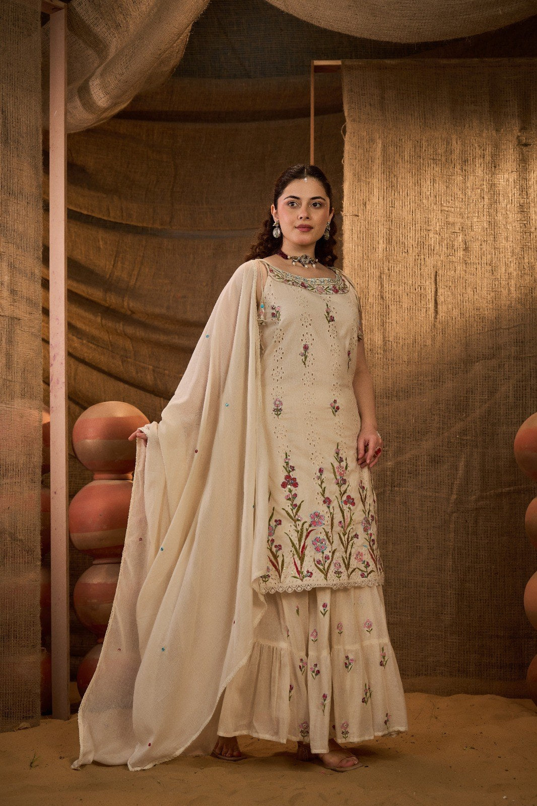 Floral Embroidered Sharara Suit Set - Cream Red - House of Patakha
