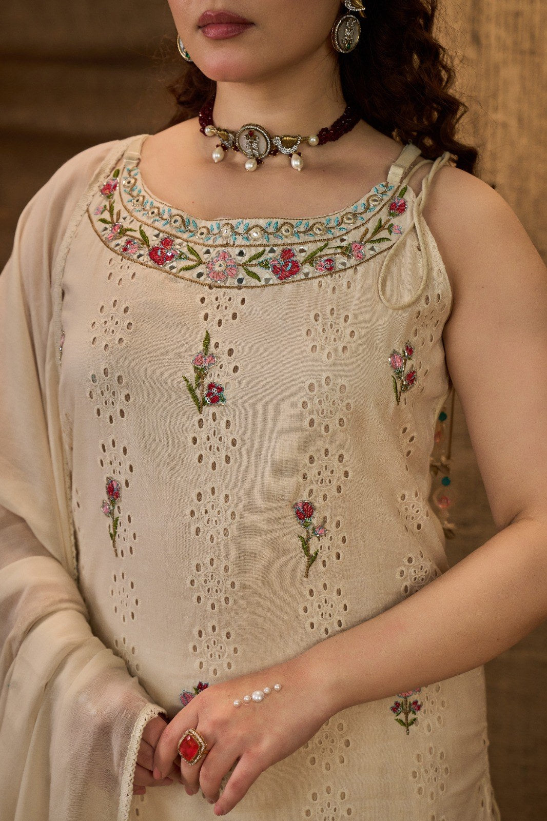 Floral Embroidered Sharara Suit Set - Cream Red - House of Patakha