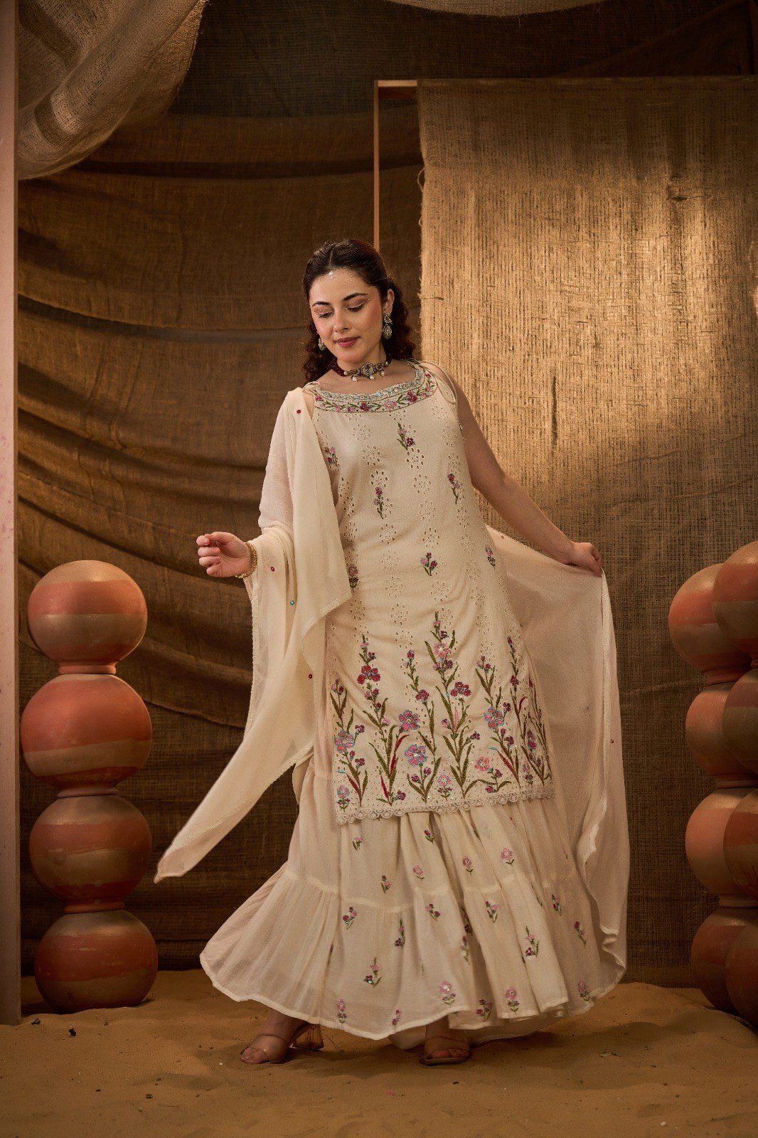 Floral Embroidered Sharara Suit Set - Cream Red - House of Patakha