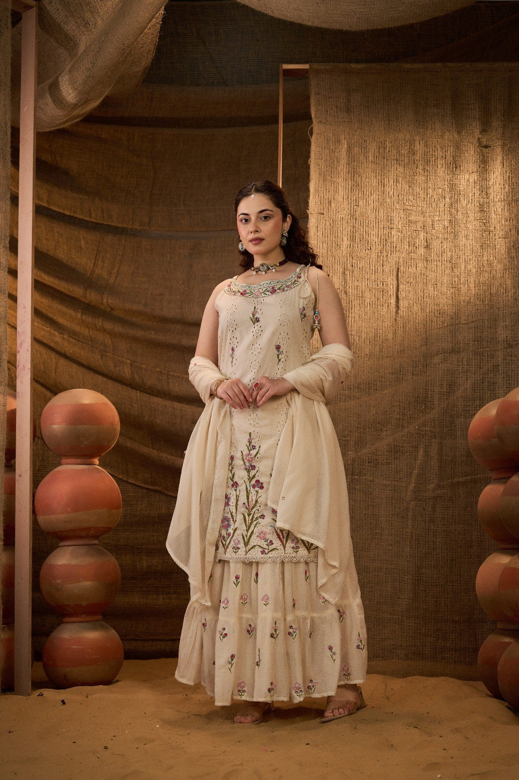 Floral Embroidered Sharara Suit Set - Cream Red - House of Patakha