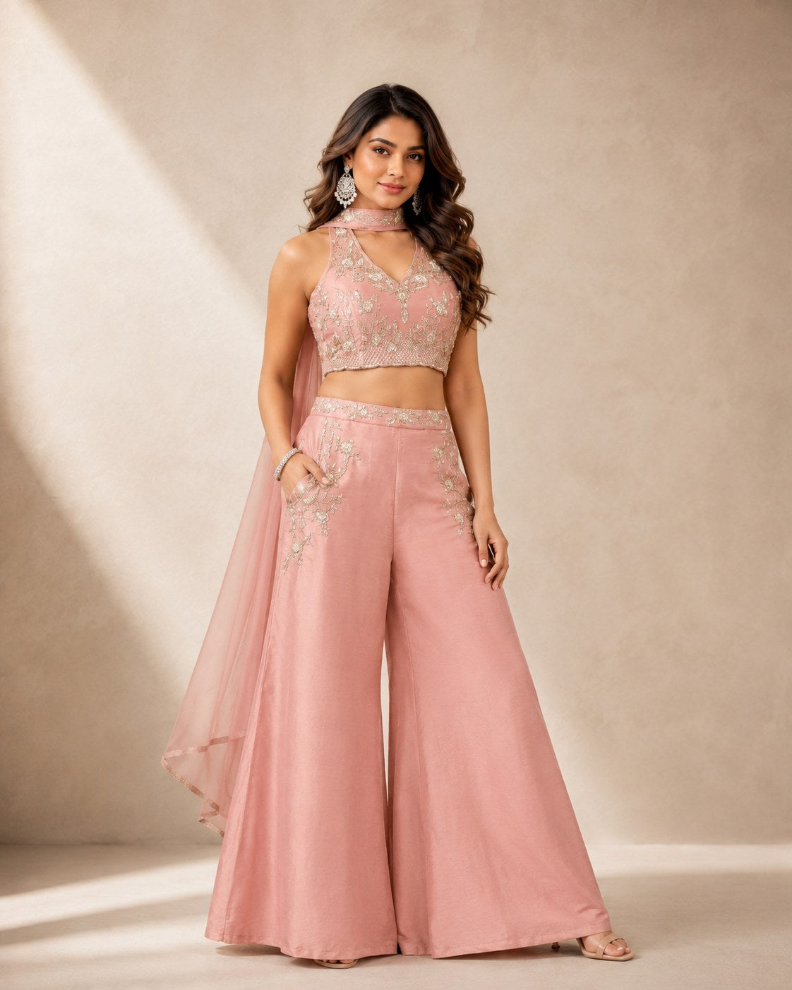 Onion Pocket Embroidery Crop Top Palazzo - House of Patakha
