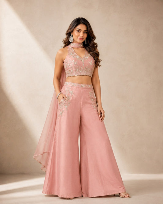 Onion Pocket Embroidery Crop Top Palazzo - House of Patakha