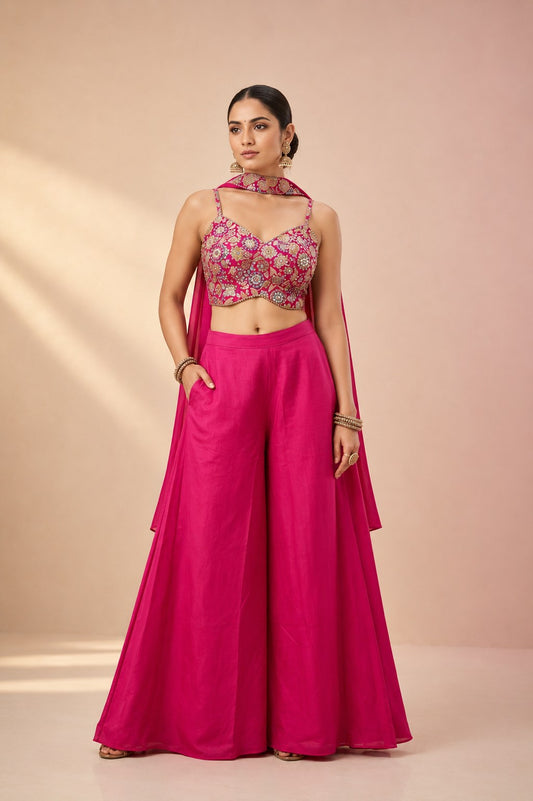 Crop Top Palazzo - Green, Orange & Rani Pink - House of Patakha