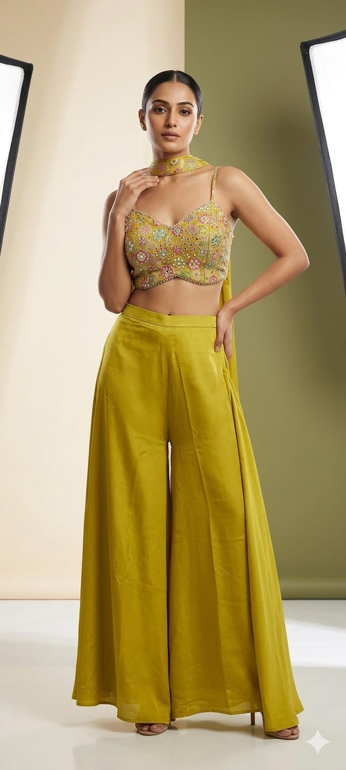Crop Top Palazzo - Green, Orange & Rani Pink - House of Patakha