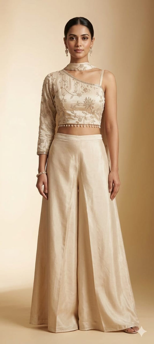 Cream One Shoulder Top Palazzo - House of Patakha