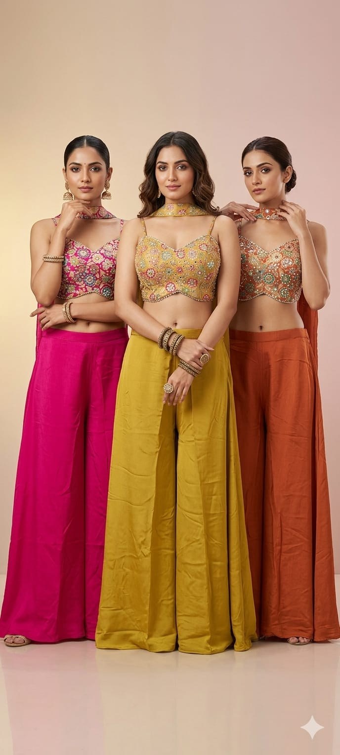 Crop Top Palazzo - Green, Orange & Rani Pink
