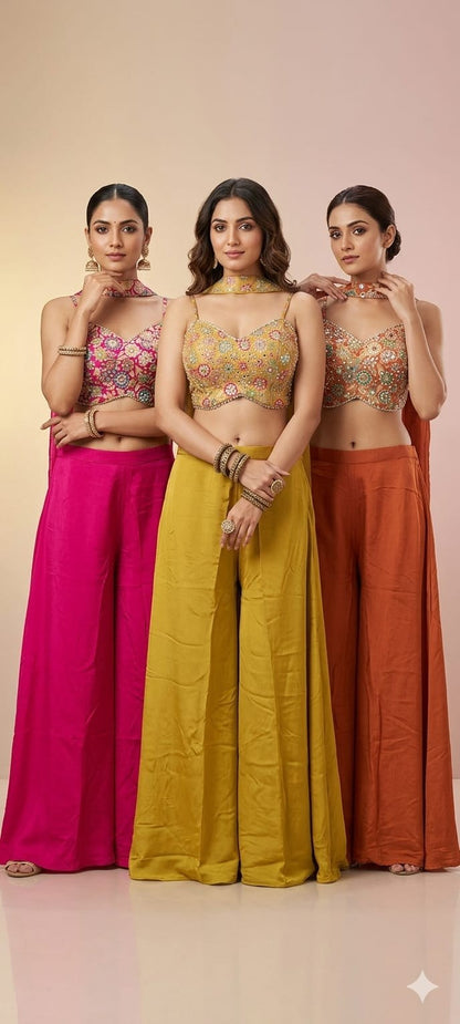 Crop Top Palazzo - Green, Orange & Rani Pink