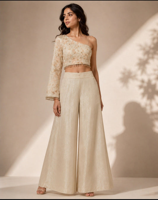 Cream One Shoulder Top Palazzo