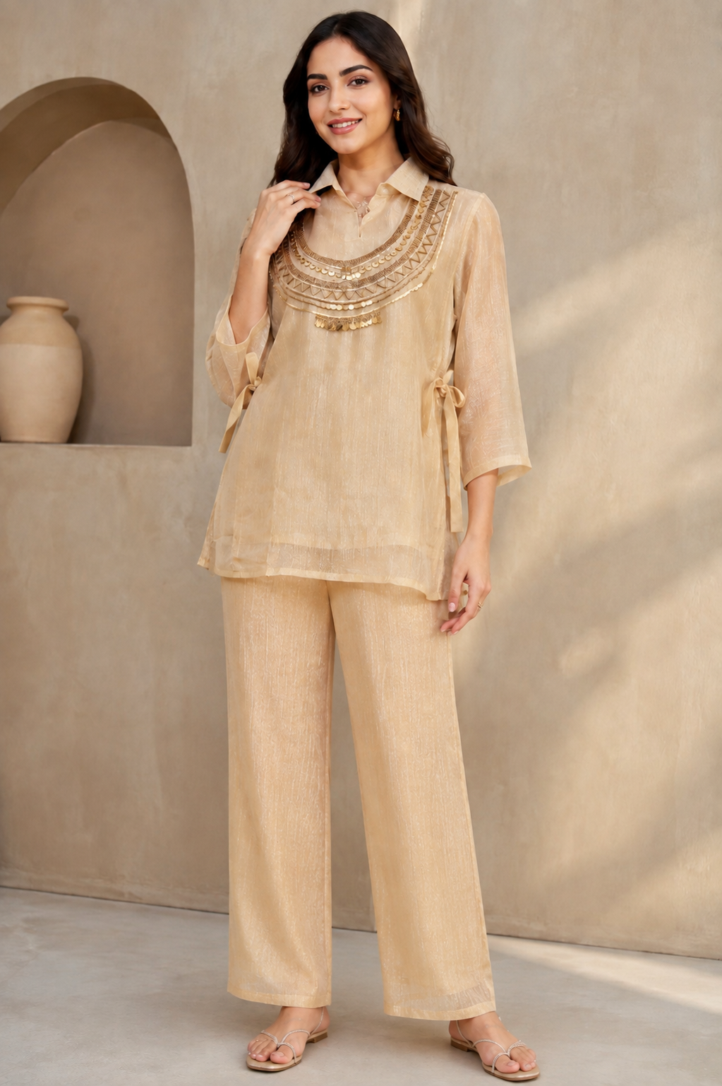 Crush Organza Co-ord Set - Green & beige