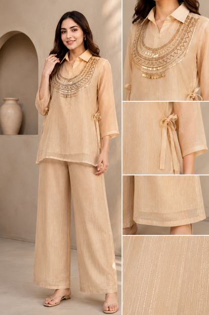 Crush Organza Co-ord Set - Green & beige